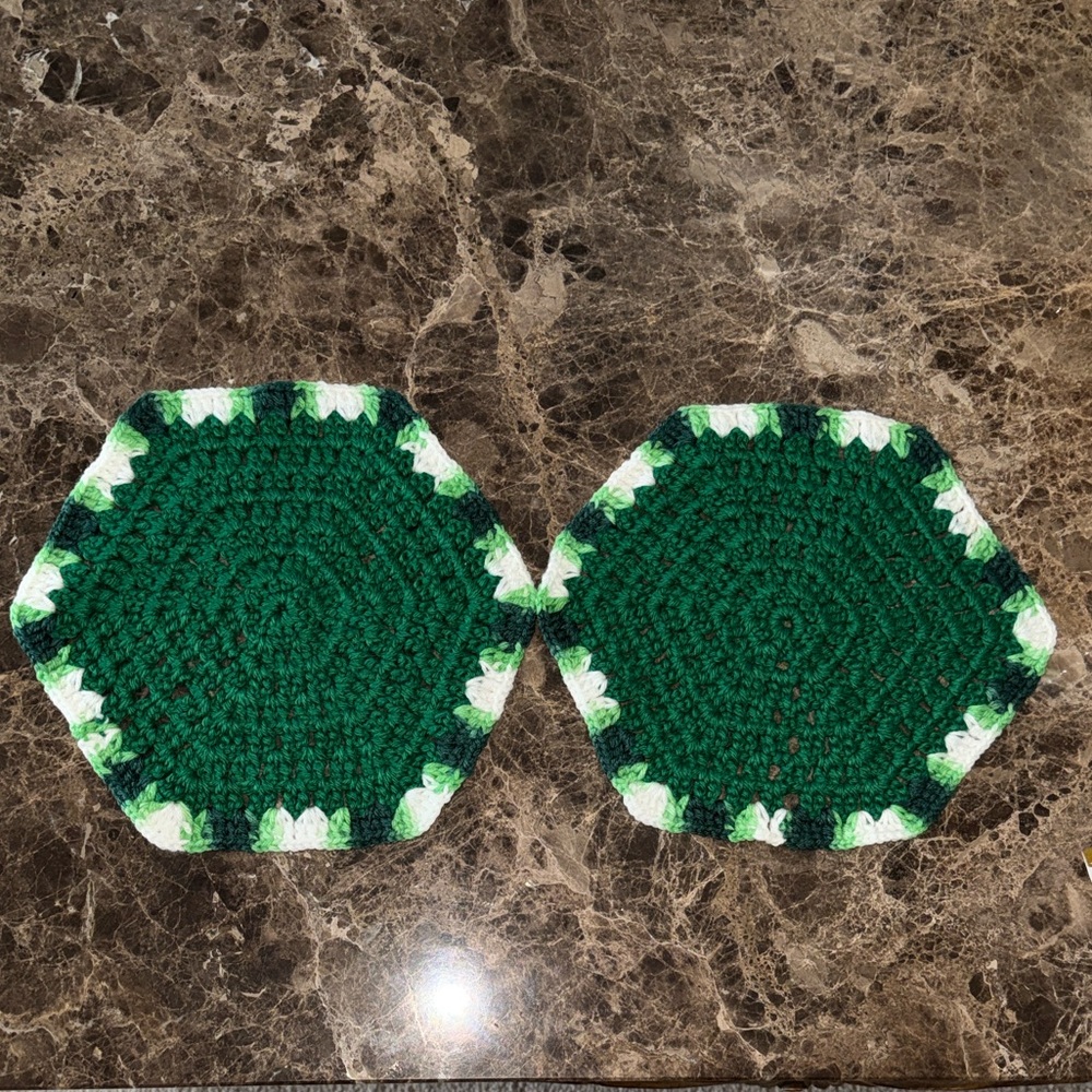 Vintage Handmade Boho Green White Crochet Hexagon Coaster/Doily/Trivet Set of 2